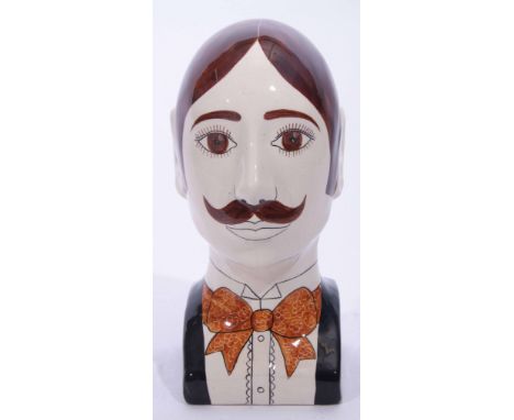 Allen Smith &amp; tony Davidson hand painted head and shoulders pottery bust in the form of a moustachioed gentleman wearing 