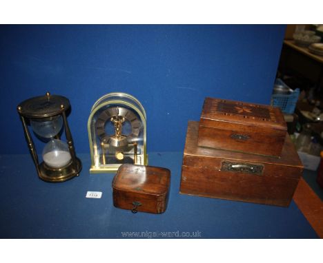 A Brass egg timer and clock and a trio of jewellery boxes with key