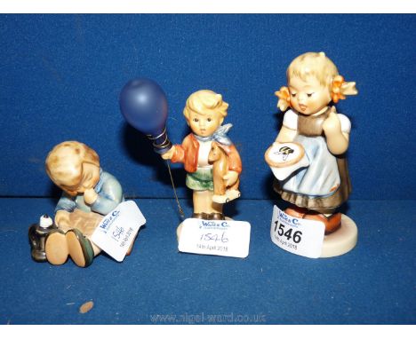 Three Hummel figures including Bee Time, Boy with Balloon and Little Girl sucking thumb