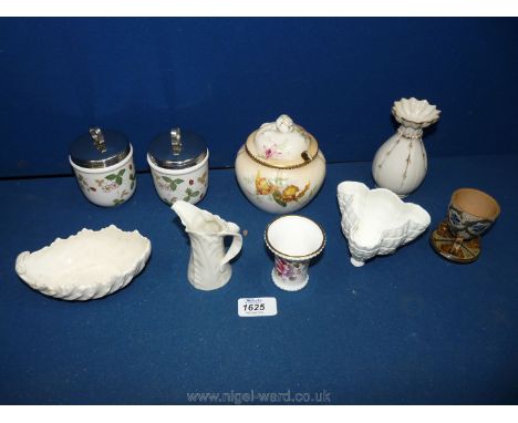 A small tray of china including Doulton Egg Cup with signature, Royal Worcester, Coalport, etc.