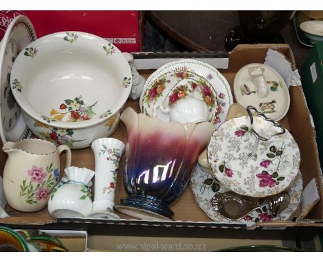 A Portmeirion wall plate Clock, an Aynsley trumpet vase, a Devon floral milk jug, forget-me-not posy vase, two lidded butter 