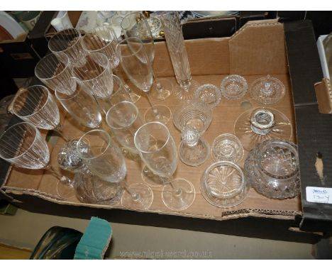 A quantity of glass including cut glass Decanter, six wine glasses, seven champagne glass, candlestick, etc.