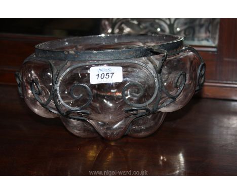 A pale pink blown glass and wrought iron framed Centre light