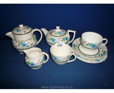 A Wedgwood hand painted Teaset for two decorated with blue crocuses including Teapot, milk jug, water jug and two cups, sauce