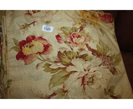 Two pairs of lined, linen floral curtains, 64" wide x 57" drop, one door curtain 75" drop and four cushion covers