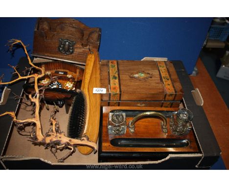 Miscellaneous wooden items including letter rack, clothes brush, modern cuckoo clock, small writing box (as found), pen stand