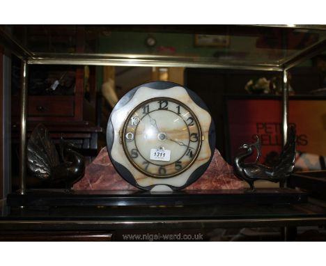 An onyx Art Deco Clock Garniture with bronze birds and Arabic numerals (as found)