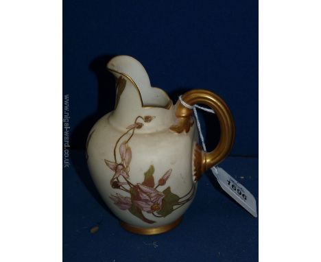 A small blush ivory Worcester Jug with gilt handle and rims, 1951. reg. no. 29115, 5'' tall (small chip to spout)