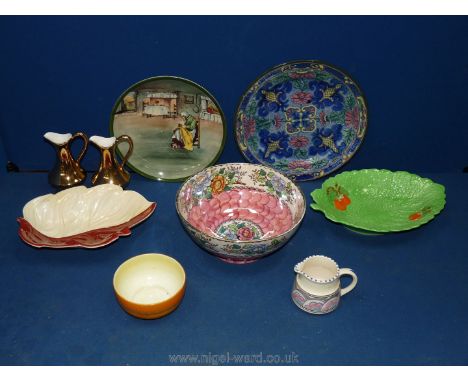 A Honiton cream jug, a Carltonware cream and red dish, a Maling peony rose bowl, a Crown Devon leaf dish, Royal Doulton blue 