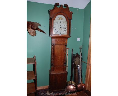 A Georgian Oak Longcase Clock, swan pediment hood with turned and fluted columns, painted Roman numeral face, W. Davies, Weob