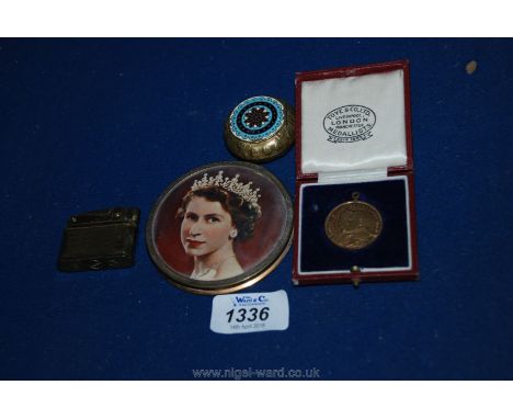 A Queen Elizabeth powder compact, a ladies brass lighter, old cloisonne enamel pill box and an Edward VII 1901 Medal in origi