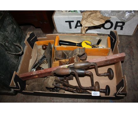 A box of tools including Stanley plane bib and brace & bits etc 