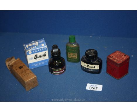 Various bottles of writing inks, typewriter oil, etc