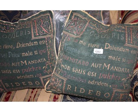Four green tapestry style cushions