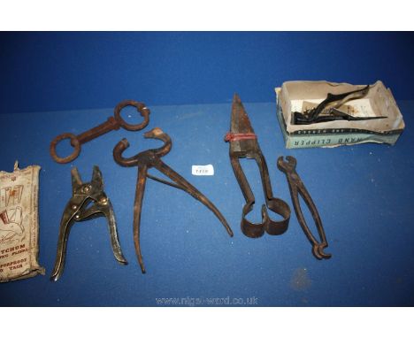 A quantity of miscellaneous Farmers Tools including shears, hand clippers, bull nose, leader and nose piercer and pig ring pl