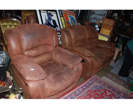 A modern three piece faux brown suede Lounge Suit comprising two seater Sofa and two Armchairs, all reclining