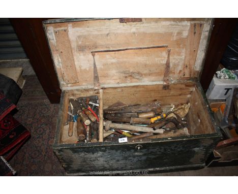 An old pine Carpenters Chest containing misc tools