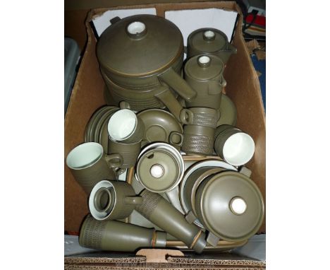 A large quantity of Denby green chevron ware part Coffee/Dinner Service including six large cups (one as found), three smalle