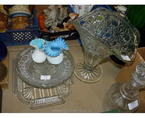 A large glass vase, two glass coronation dishes, a white and turquoise glass jug, a white and light blue vase, etc