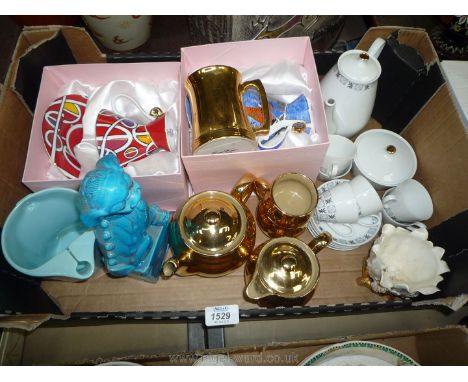 A quantity of china including two Leonardo boxed art deco style cups and saucers, gold Denby four piece Teaset, dog of fo, et