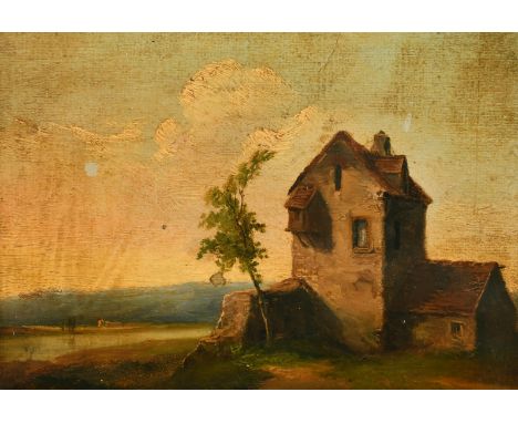 19th Century, A stone dwelling near a river by a tree, oil on panel, 7" x 10".