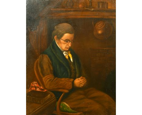 J. Baxter (19th Century) Portrait of a seated man with hands clasped, a book and handkerchief by his side, oil on canvas, sig