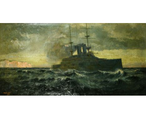 Fred. K. E. Cox (20th Century) 'On the Kings Highway', A battle ship off the Sussex coast, oil on canvas, signed and dated 19