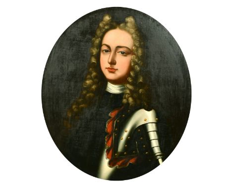 Portrait of a gentleman in armour, inscription verso, said to be Captain Heron Eag, 21 years 1711, oval oil on canvas, 29" x 