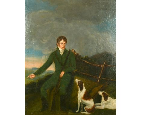 19th Century, Portrait of a gentleman seated on a bank with a gun and two dogs by his side, oil on canvas, 21" x 17", (unfram