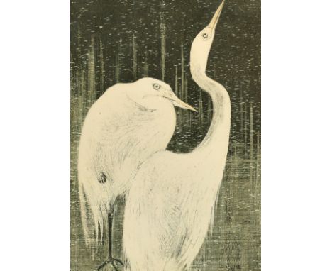 Theo Van Hoytema, Lithograph of Egrets 7.5"x 5.5" and four signed wood engravings, two by Edward Stamp each inscribed, signed