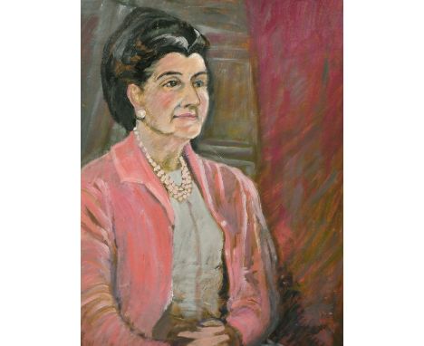 R. D. Harland (20th Century) Portrait of an elegant lady seated wearing a pink jacket and pink beads round her neck, oil on b