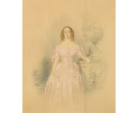William Spence Robinson (19th Century) British, A portrait of Isabella Roberts in a formal garden setting, watercolour and pe
