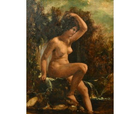 Circle of William Etty (19th Century) A nude woman seated on rocks by a waterfall, oil on panel, 27" x 20.5".
