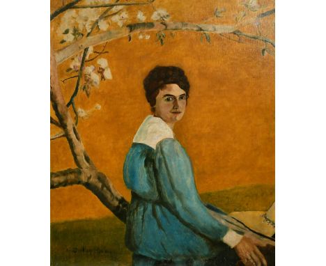 French School (20th Century) Portrait of a lady beneath a tree in flower, oil on canvas, indistinctly signed and dated, 25.5"
