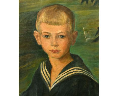 German School, early 20th Century, Portrait of a young boy in a sailor suit, oil on canvas, label and stamps verso, 16.75" x 