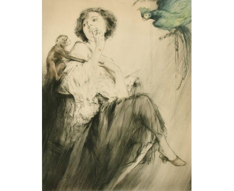 Fernand Toussaint (1873-1955), an elegant lady with a parrot and a monkey, lithograph, signed, 17.25" x 13.5".
