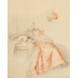After Portail, A colour print of a seated lady, 16" x 13", (unframed).
