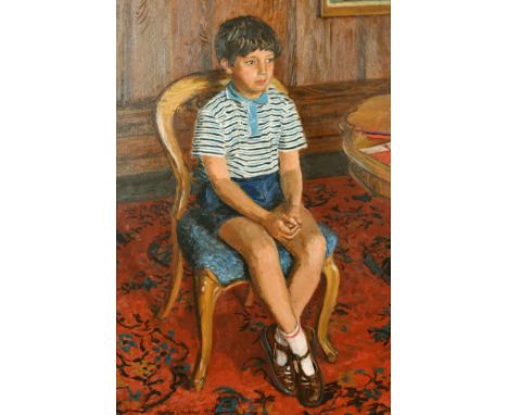 Stephen Crowther (20th Century) Portrait of a young boy seated, 'Peter watching television', oil on board, signed and dated 1