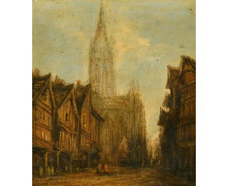 Follower of H. Schafer (19th Century) Timber framed buildings, figures in the lane, with a cathedral beyond, oil on panel, in
