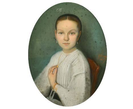 19th Century Continental School, a bust length portrait of a young girl, pastel, indistinctly signed and dated 1867, 18" x 14