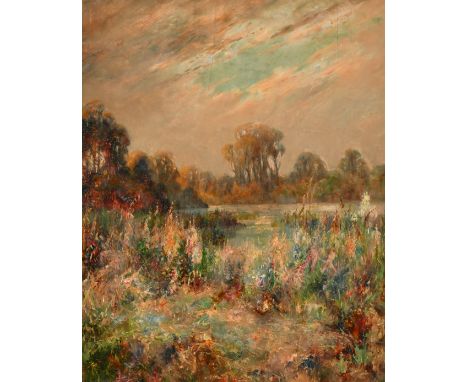 Early 20th Century Scottish School, A view of wildflowers before a lake, oil on panel, indistinctly signed, 17.75" x 14".