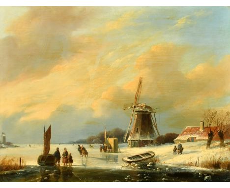 Salomon Leonardus Verveer (1813-1876) Dutch, wayfarers on a frozen waterway, oil on panel, signed and indistinctly dated, 12.