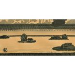 Gijin Okinyama, The Ryoanji Temple, woodblock, signed in pencil, 9" x 18.75".