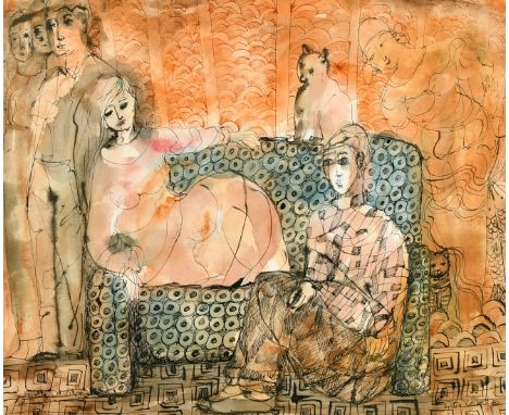 Lydia Corbett (b.1934), figures around a sofa, ink and watercolour, signed and indistinctly dated, also signed Sylvette David