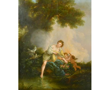 Early 19th Century After Boucher, A scantily clad female nude with putti, doves and flowers by a pool of water in a landscape