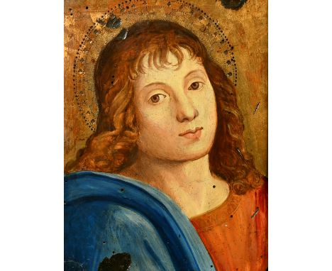 Continental School, a head and shoulders portrait of a Saint, oil on panel, 10" x 8", in a finely carved frame.
