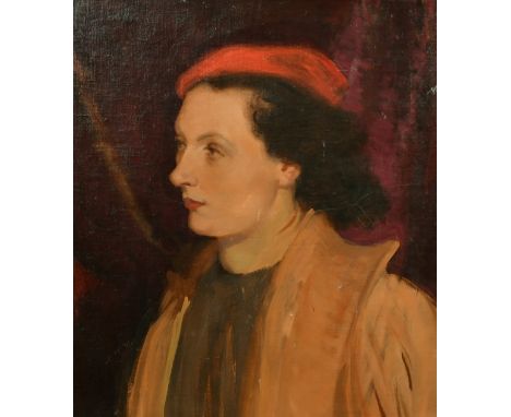 Circle of Laura Knight, a head and shoulders portrait of a lady in a red beret, oil on canvas laid onto board, 19" x 17".