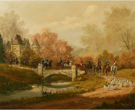 Vecsey Colomanus (1925-1996) Hungarian, a hunting party crossing a bridge, oil on panel, signed, 19.75" x 23.5".