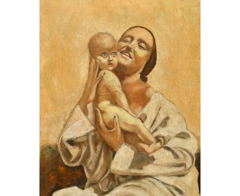 Andreas Kompatscher (1864-1939) Austrian, Portrait of a mother and child, oil on panel, signed, 17.5" x 14".