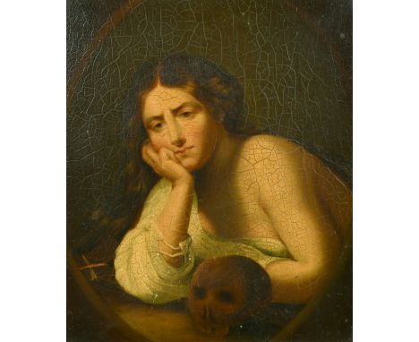 19th Century Continental School, a memento mori painting with a female figure, oil on panel, 11.5" x 9.5".